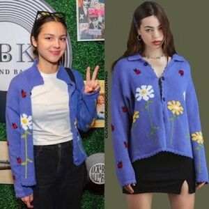 UNIF Violet Purple Ladybug Sunflower Cardigan Sweater Size L Spring Cottagecore